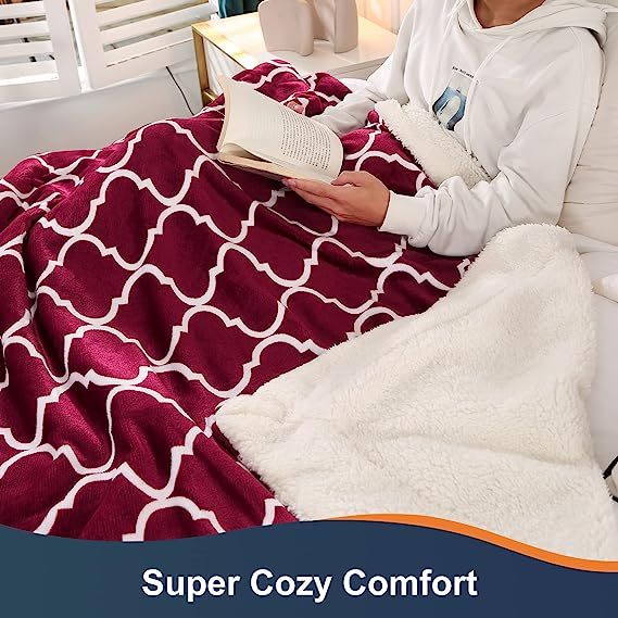 Blanket-Microfiber Lightweight Plush Reversible Throw Blanket-Burgundy and White With Sherpa