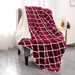 Blanket-Microfiber Lightweight Plush Reversible Throw Blanket-Burgundy and White With Sherpa