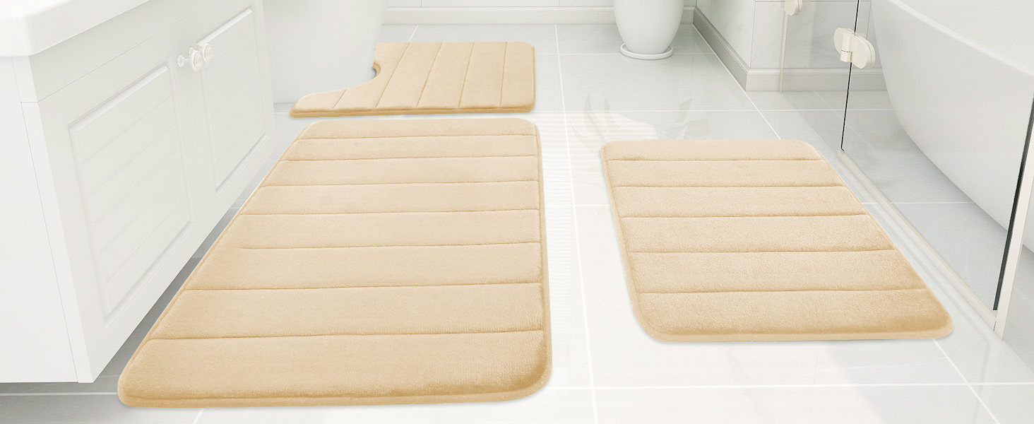 Rugs&Mats-Memory Foam 3 Pieces Bathroom Rug-Beige