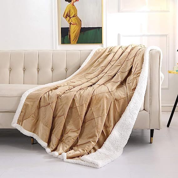 Blanket-Microfiber Lightweight Plush Reversible Throw Blanket-Beige