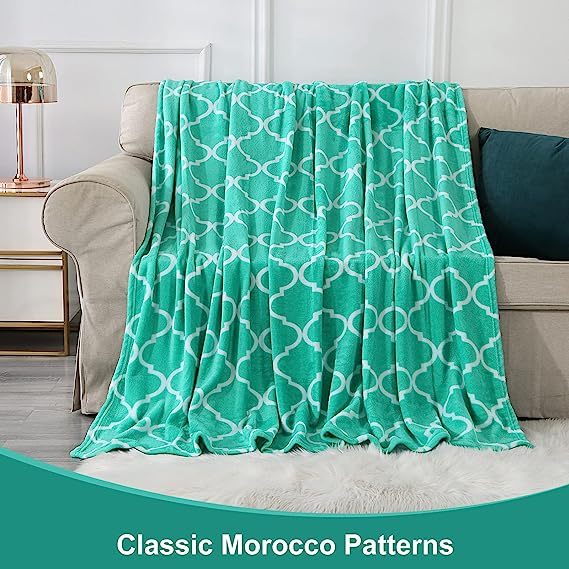Blanket-Microfiber Lightweight Plush Reversible Throw Blanket-Aqua Green and White