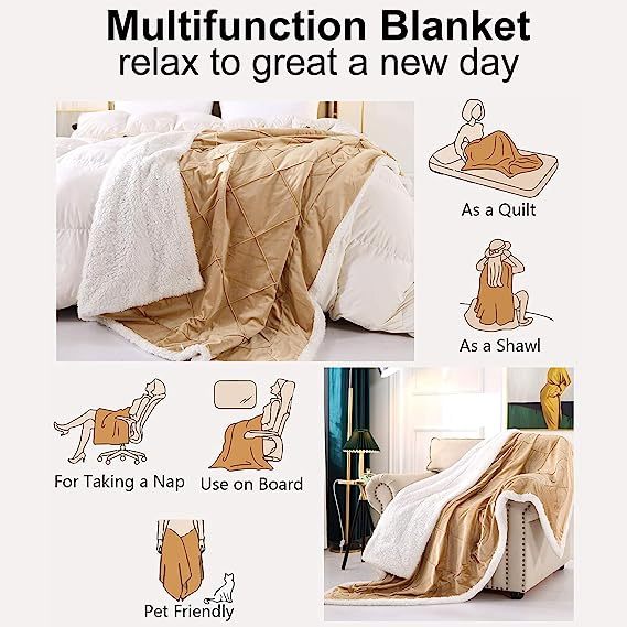Blanket-Microfiber Lightweight Plush Reversible Throw Blanket-Beige
