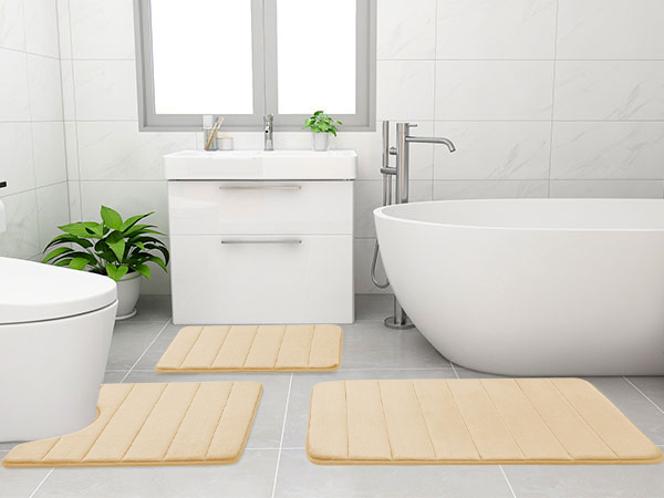 Rugs&Mats-Memory Foam 3 Pieces Bathroom Rug-Beige