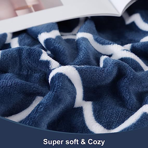 Blanket-Microfiber Lightweight Plush Reversible Throw Blanket-Navy Blue and White