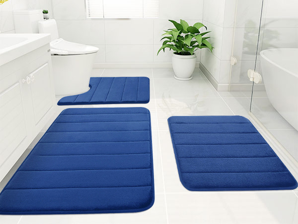 Rugs&Mats-Memory Foam 3 Pieces Bathroom Rug-Navy Blue