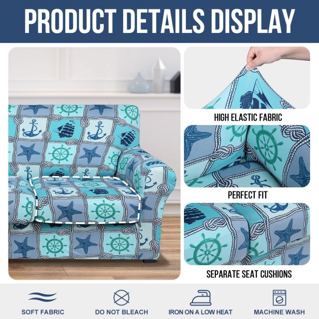 Slipcover-Floral Pattern Printed Sofa Slipcovers-Light Blue
