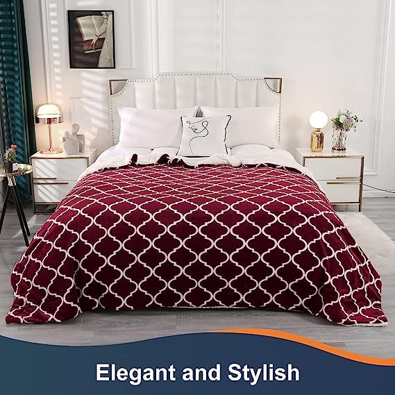 Blanket-Microfiber Lightweight Plush Reversible Throw Blanket-Burgundy and White With Sherpa