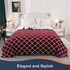 Blanket-Microfiber Lightweight Plush Reversible Throw Blanket-Burgundy and White With Sherpa