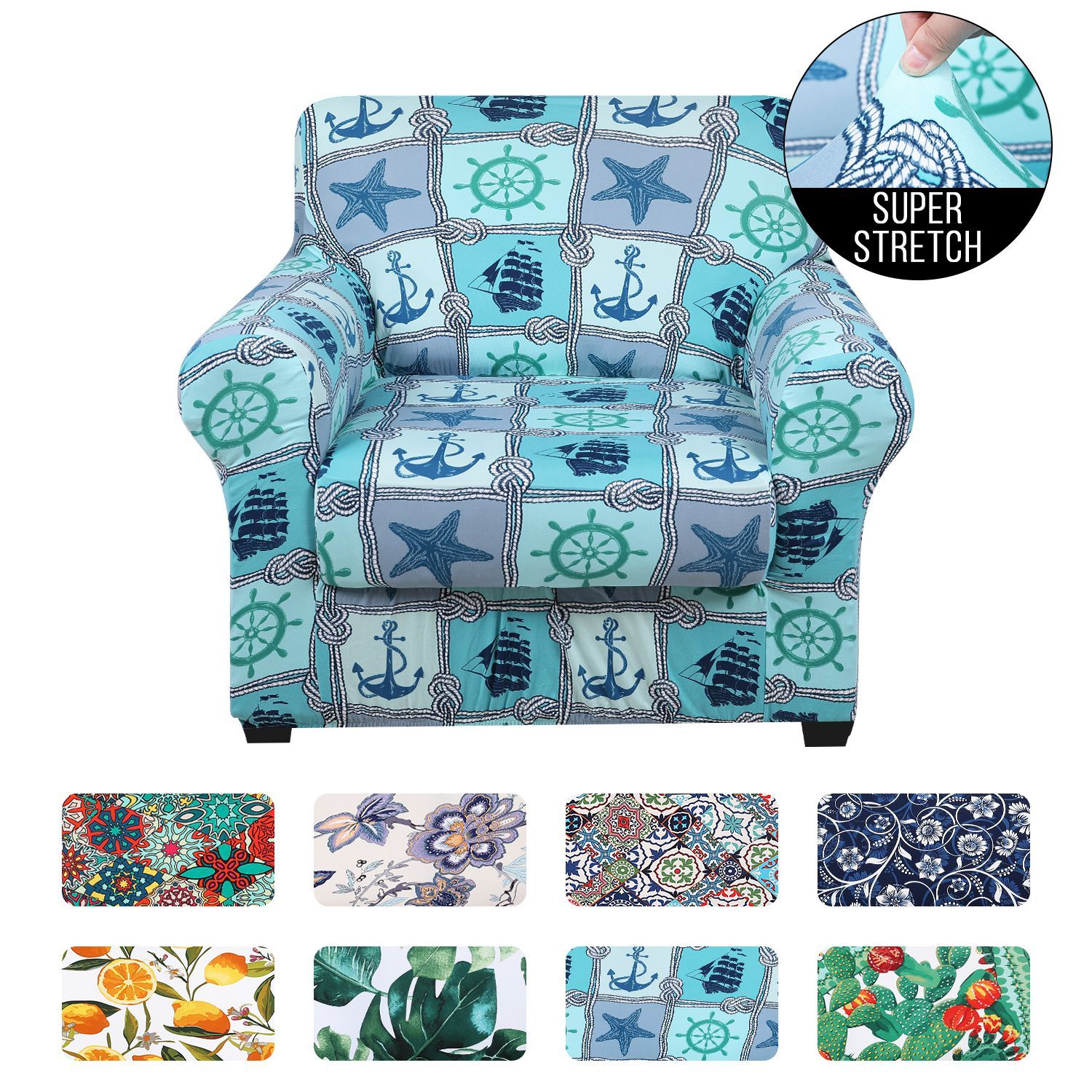 Slipcover-Floral Pattern Printed Sofa Slipcovers-Light Blue