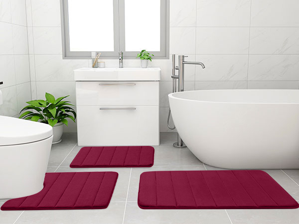 Rugs&Mats-Memory Foam 3 Pieces Bathroom Rug-Wine Red