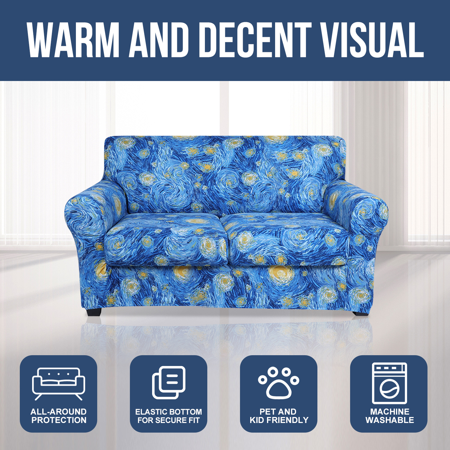 Slipcover-Floral Pattern Printed Sofa Slipcovers-Sky Blue
