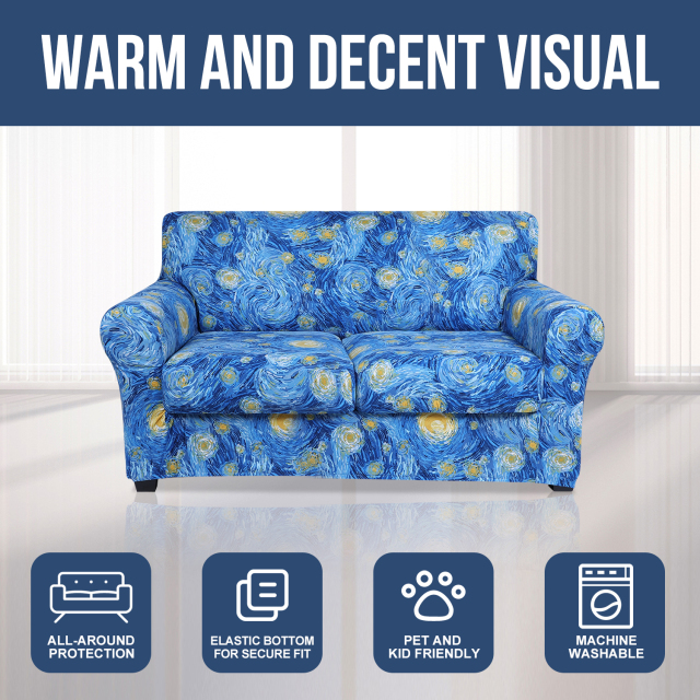 Slipcover-Floral Pattern Printed Sofa Slipcovers-Sky Blue
