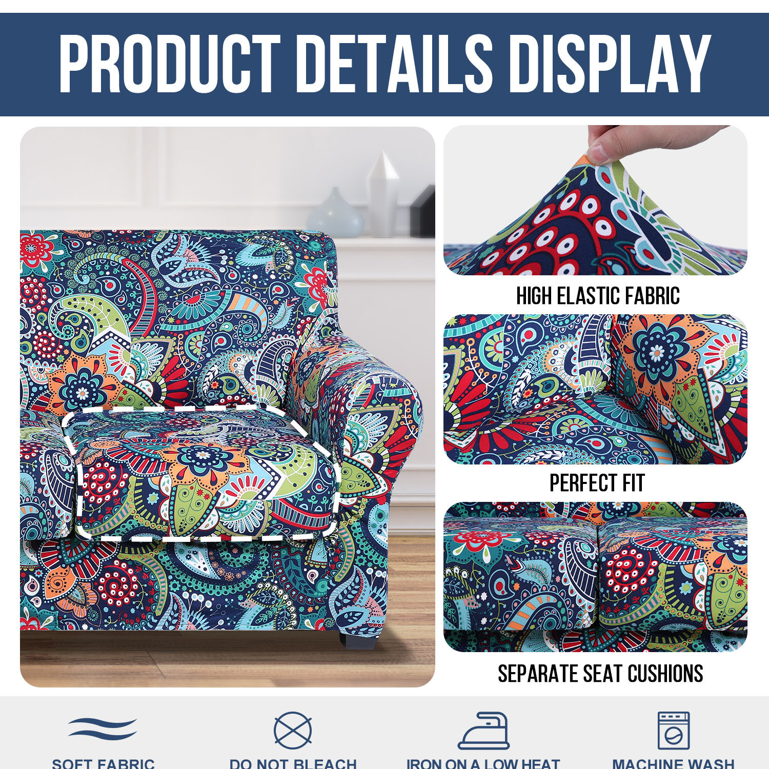 Slipcover-Floral Pattern Printed Sofa Slipcovers-Blue Green