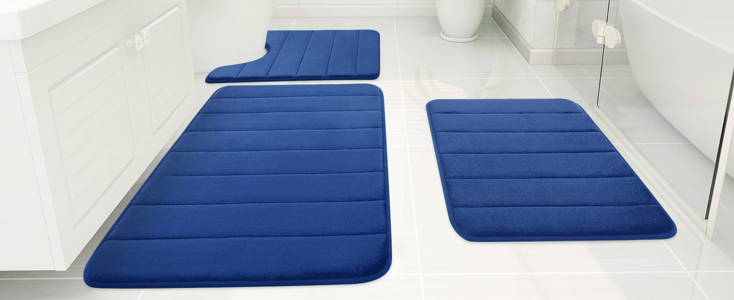 Rugs&Mats-Memory Foam 3 Pieces Bathroom Rug-Navy Blue