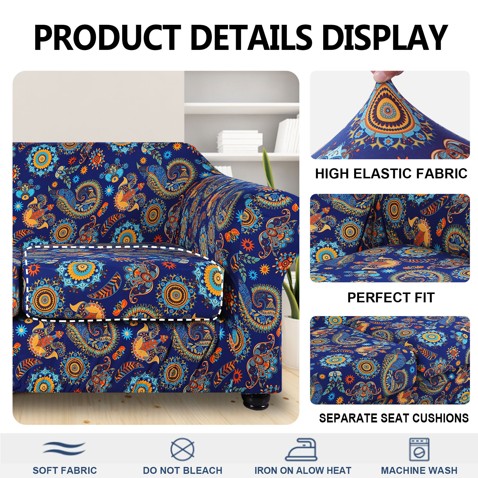 Slipcover-Floral Pattern Printed Sofa Slipcovers-Blue&yellow
