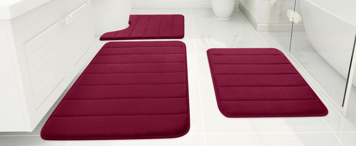Rugs&Mats-Memory Foam 3 Pieces Bathroom Rug-Wine Red