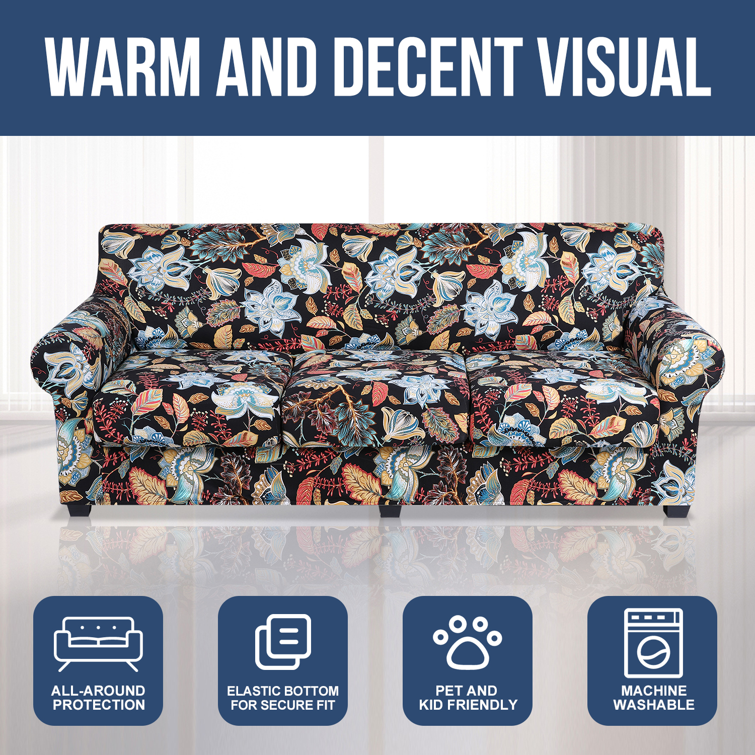 Slipcover-Floral Pattern Printed Sofa Slipcovers-Black