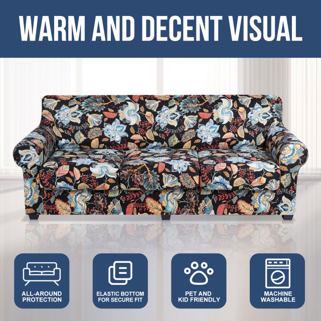 Slipcover-Floral Pattern Printed Sofa Slipcovers-Black