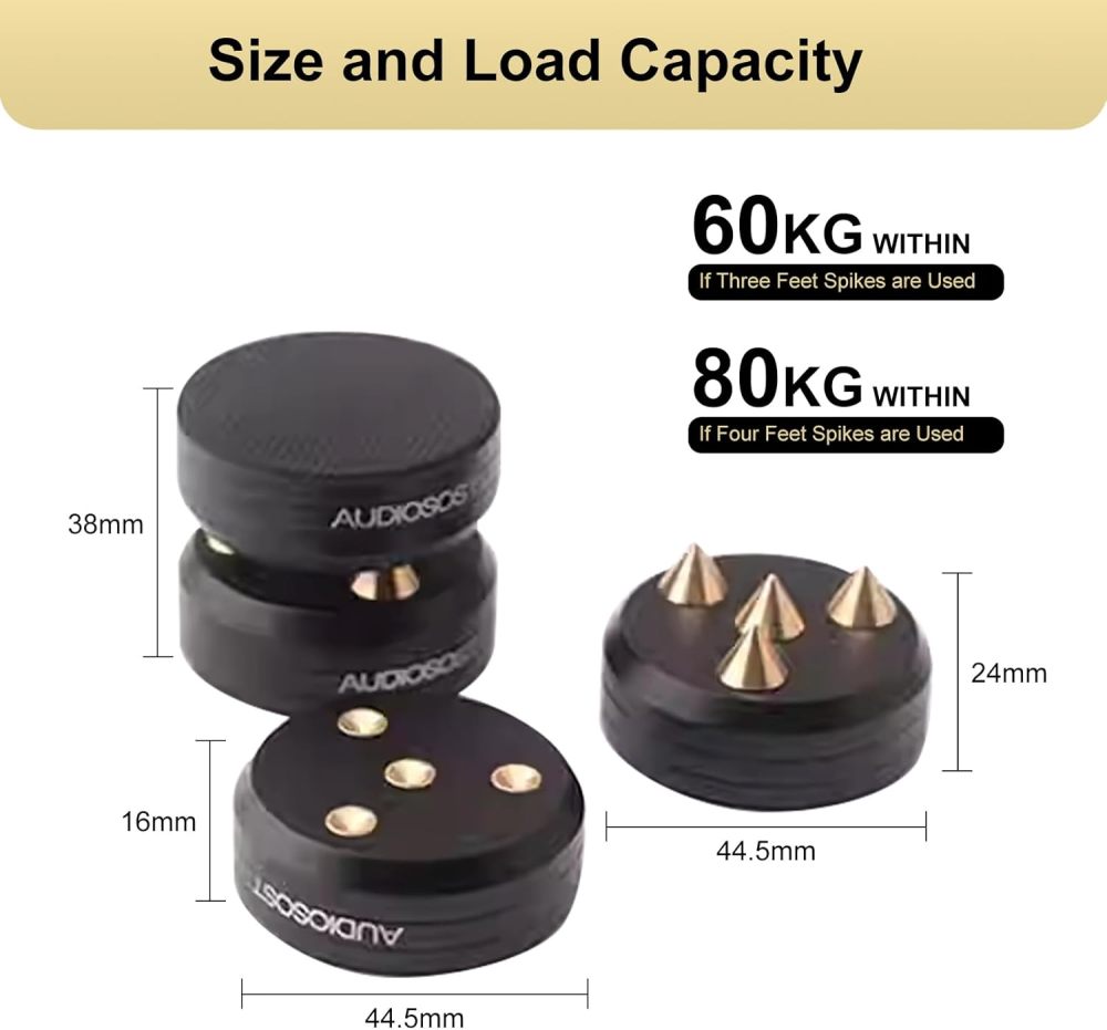 Preffair Audio Isolation Feet Stand Spikes Protector Mat Non-Slip Base for Record Players/Subwoofer/Turntable/Amplifier/Speaker (Solid Aluminum Alloy+Rubber mat +Spring, 44x38mm Black,4-Pack)