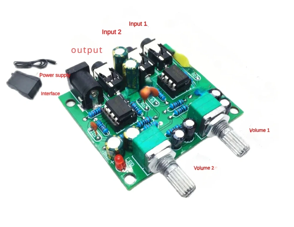 Two Way Audio Mixing Amplifier Board Stereo 2 in 1 Out for Heaphone Pre-amplifier