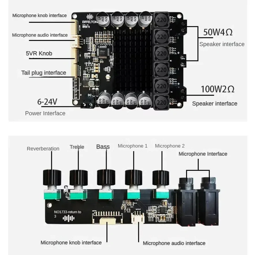 DSP2.1 Bluetooth 5.0 Digital Subwoofer Power Amplifier Board 100W+50W*2 Microphone with Volume Adjustment Knob Module