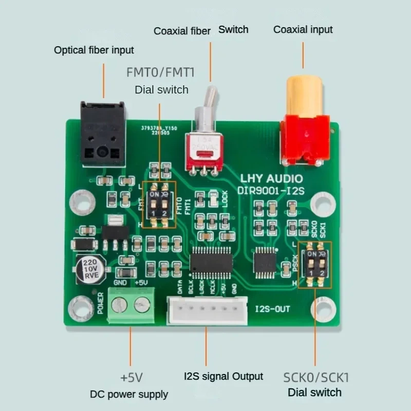 DIR9001 Coaxial Optical Fiber Receiving SPDIF To I2S Output 24bit 96khz Board 5V For DAC Amplifier