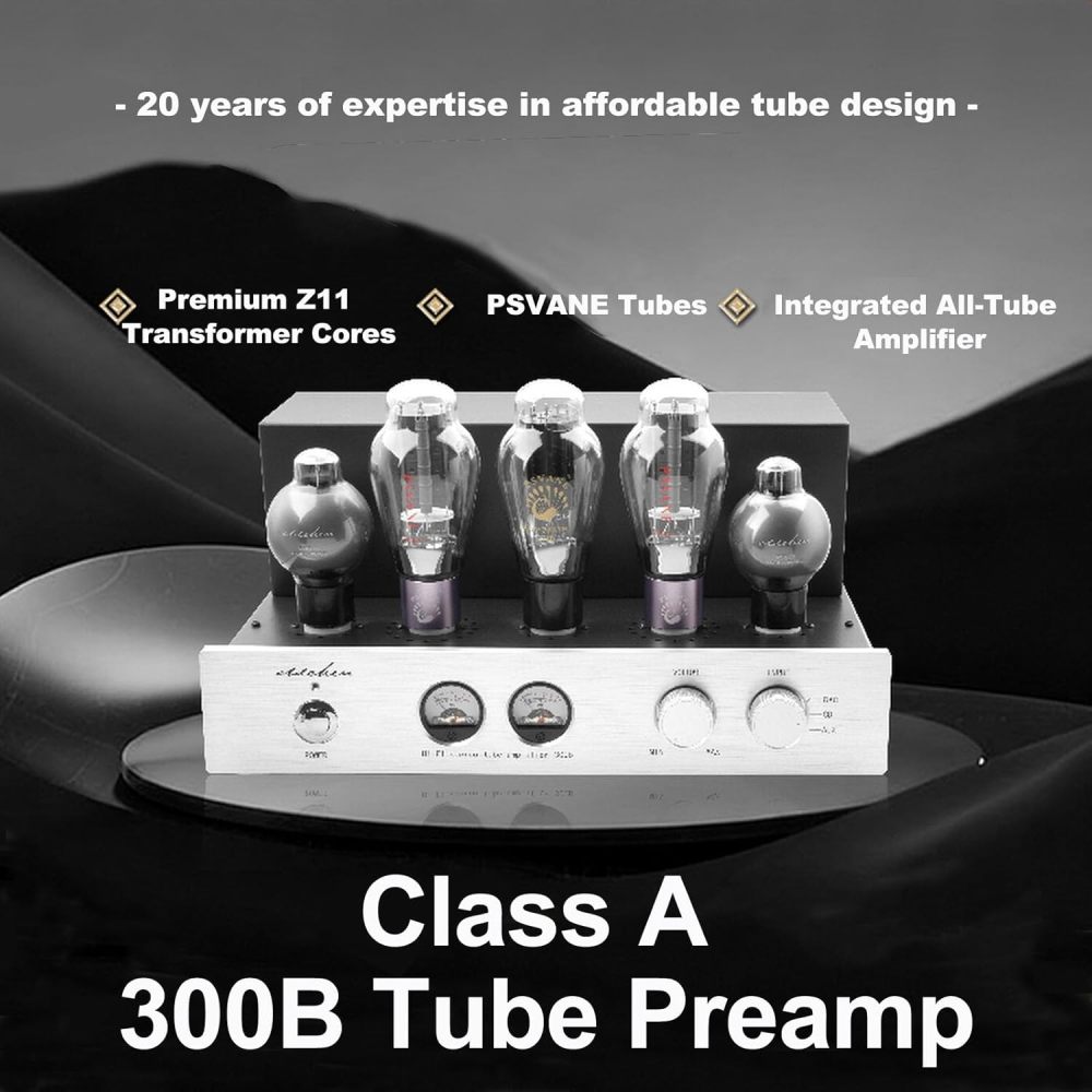 Oldchen 300B Tube Amplifier, Single-Ended Class A Integrated Amp, Hand-Wired Point-to-Point, 9W*2, Dual VU Meters, 300B-SE / 6SN7GT / 5U4G Tubes (Silver, Upgrade Version)