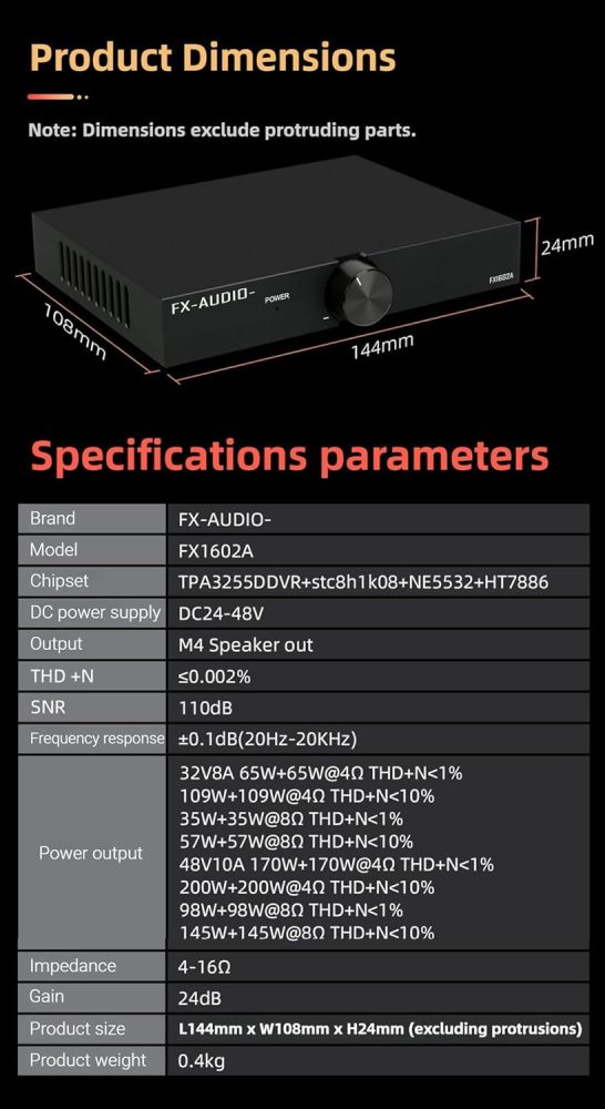 FX-Audio FX1602A 2.1 Channel Power Amplifier, TPA3255 Hi-Fi Stereo Desktop Amp with PRE Out for Active Subwoofer, High-Power Mini Amplifier for Passive Bookshelf Speakers & PC Audio