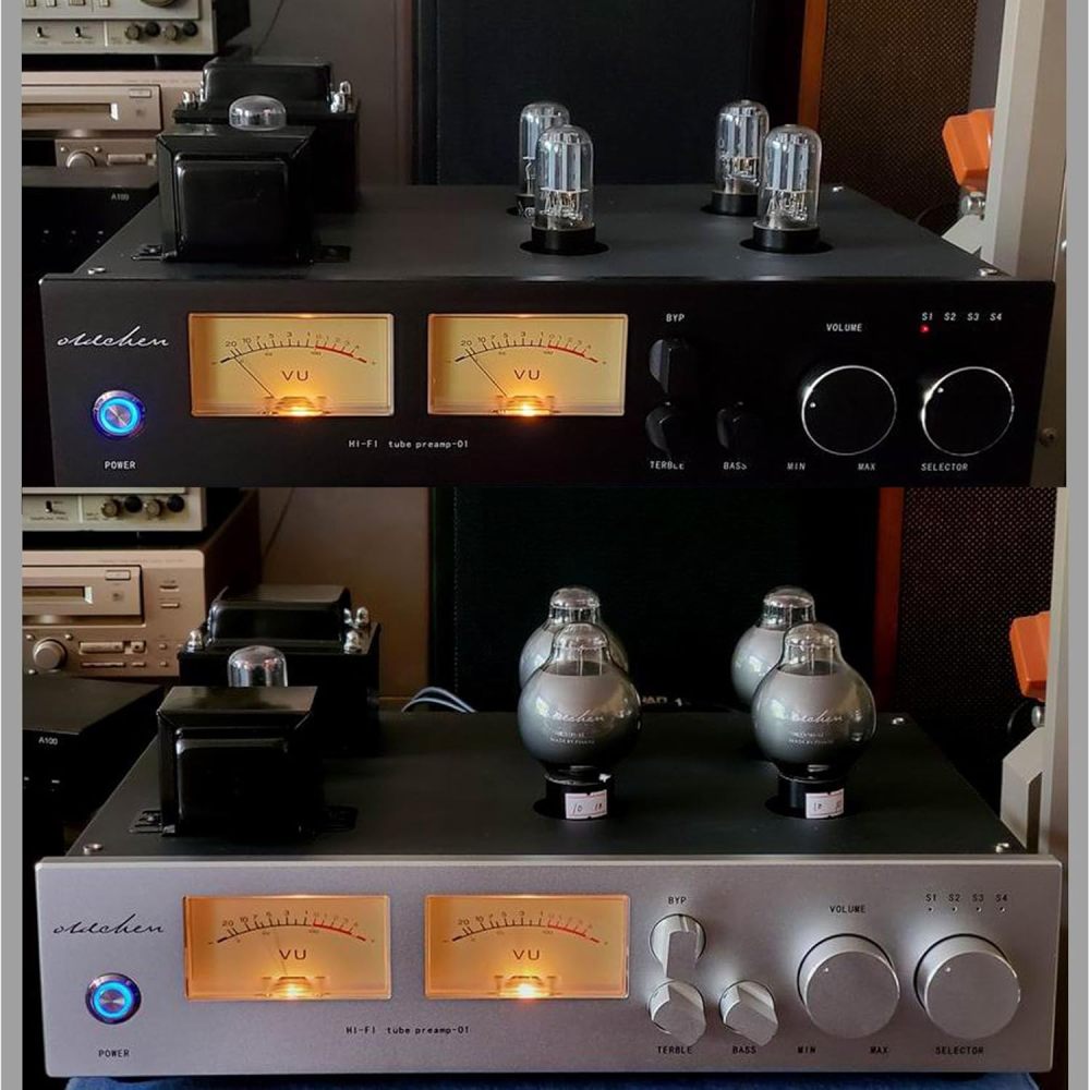 OldChen C1 HI-end 6H8C/CV181-SE Vacuum Tube Pre-Amplifier Bass Adjustment Preamp, Audiophile 5U4C Rectifier Preamp with Dual VU Meters, Ultra-Low Noise (Black, Upgrade)