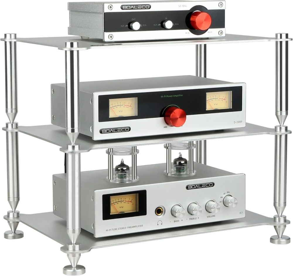 BOALECO FX2 Audiophile Audio Rack, 3-Tier Desktop HiFi Isolation Stand with Solid Aluminum Pillars, Modular Equipment Shelf for Amplifiers, DACs, and Preamps