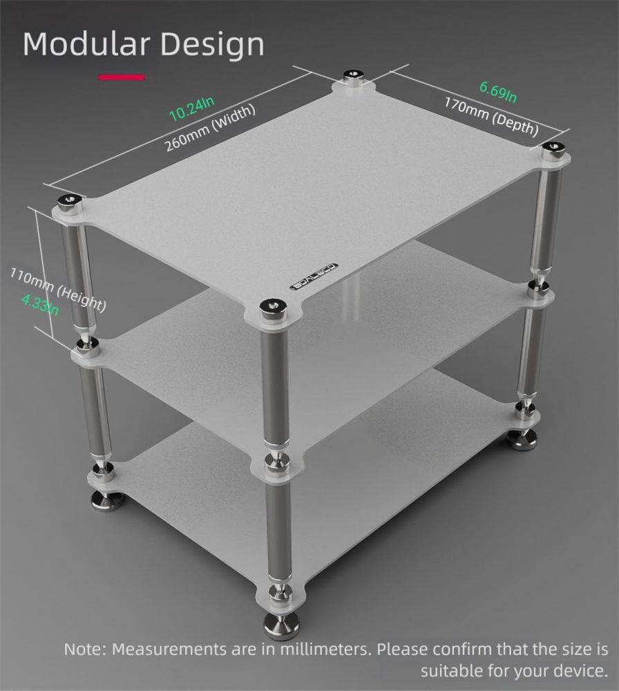 BOALECO FX2 Audiophile Audio Rack, 3-Tier Desktop HiFi Isolation Stand with Solid Aluminum Pillars, Modular Equipment Shelf for Amplifiers, DACs, and Preamps
