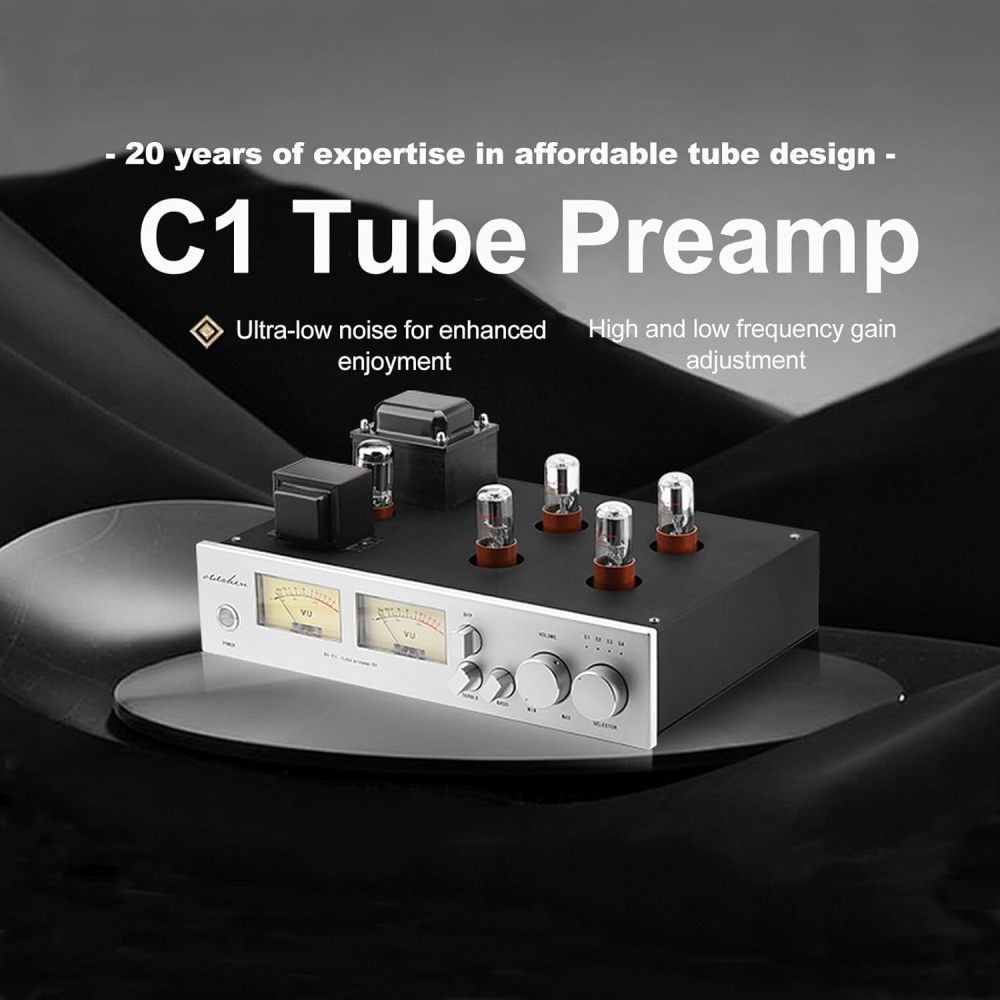 OldChen C1 HI-end 6H8C/CV181-SE Vacuum Tube Pre-Amplifier Bass Adjustment Preamp, Audiophile 5U4C Rectifier Preamp with Dual VU Meters, Ultra-Low Noise (Black, Upgrade)