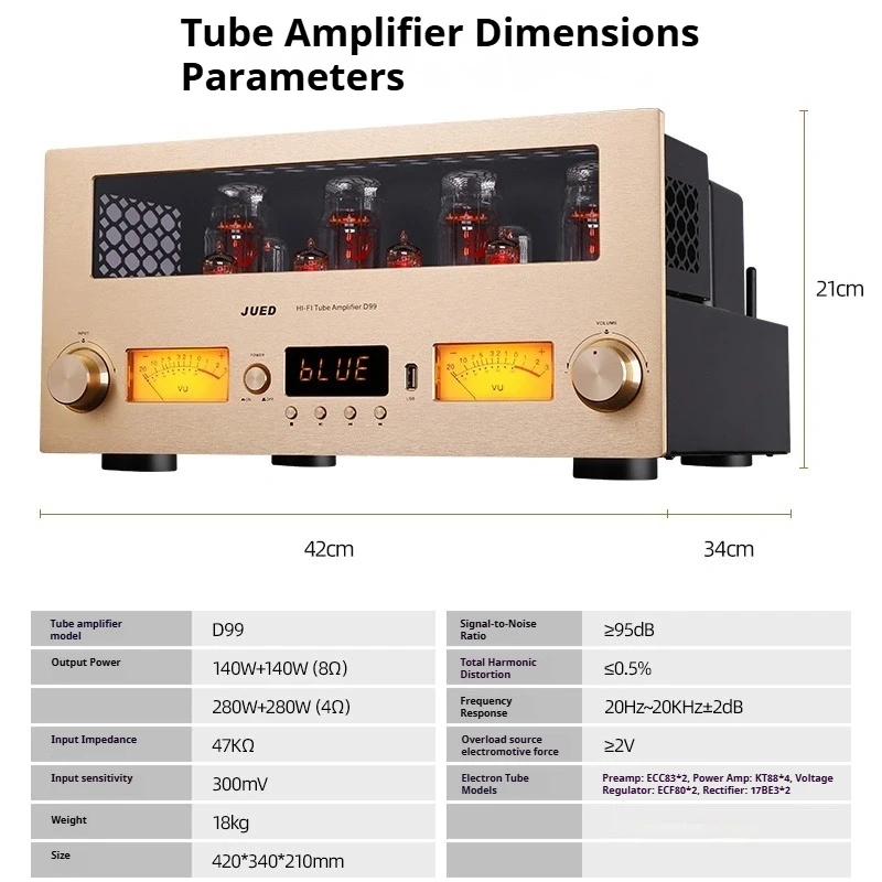 280W*2 KT88 Tube Amplifier Class A Push-Pull JUED D99 HiFi Audiophile FET Power Amp BT 5.1 LDAC USB XLR Integrated Amplifier