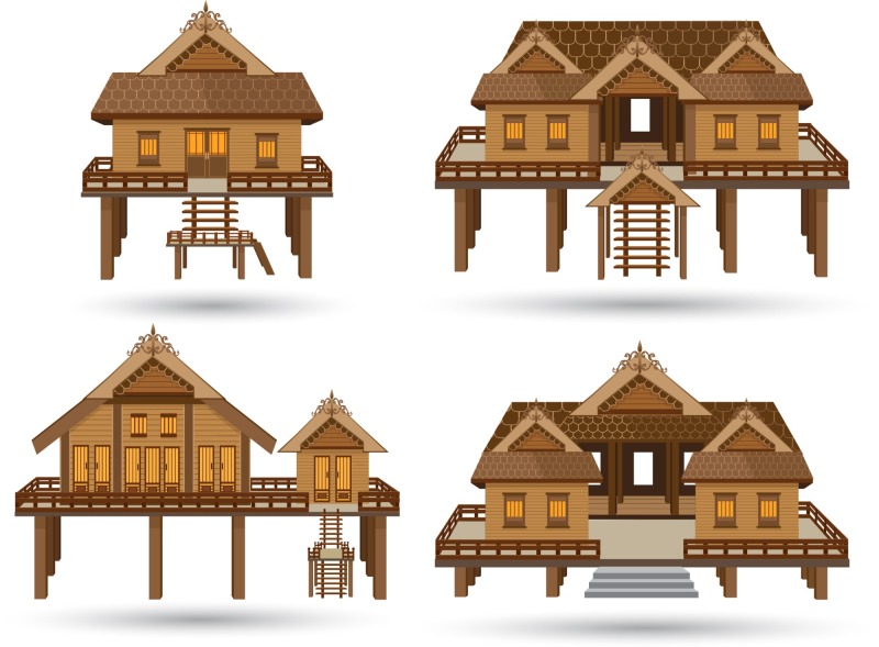 Thatched cottagel and log cabin icon pattern set (13)