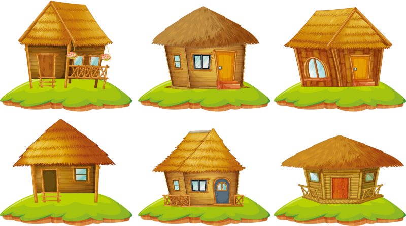 Thatched cottagel and log cabin icon pattern set (7)