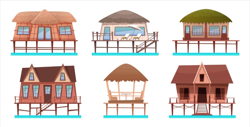 Thatched cottagel and log cabin icon pattern set (9)