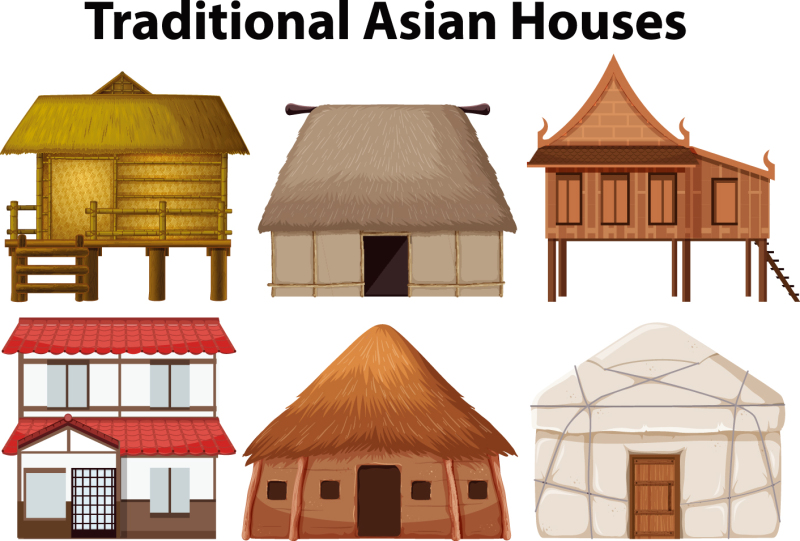 Thatched cottagel and log cabin icon pattern set (8)
