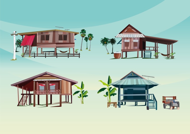 Thatched cottagel and log cabin icon pattern set (11)