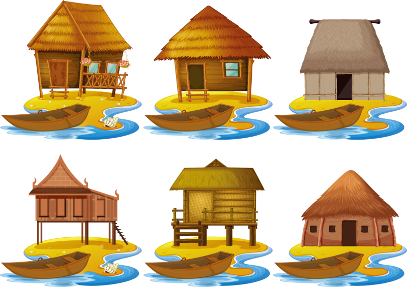 Thatched cottagel and log cabin icon pattern set (1)