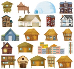 Thatched cottagel and log cabin icon pattern set (6)