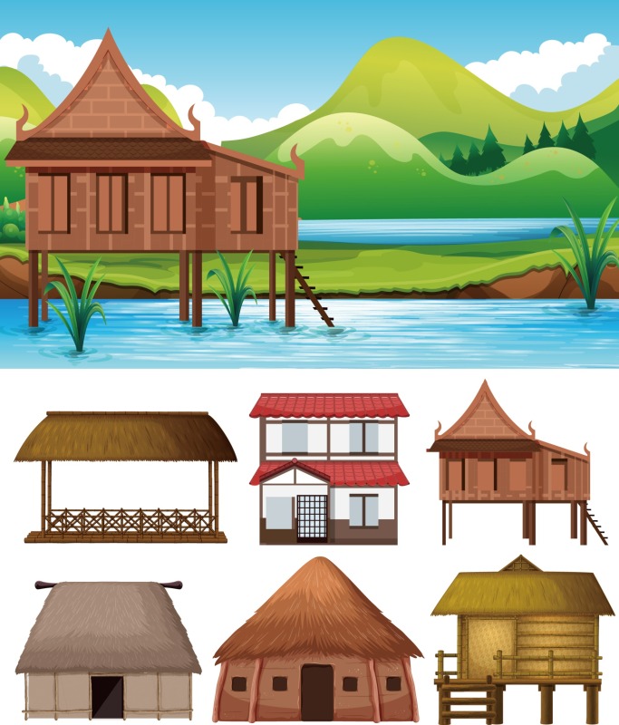 Thatched cottagel and log cabin icon pattern set (4)