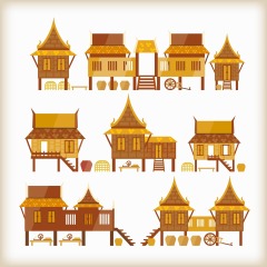 Thatched cottagel and log cabin icon pattern set (2)