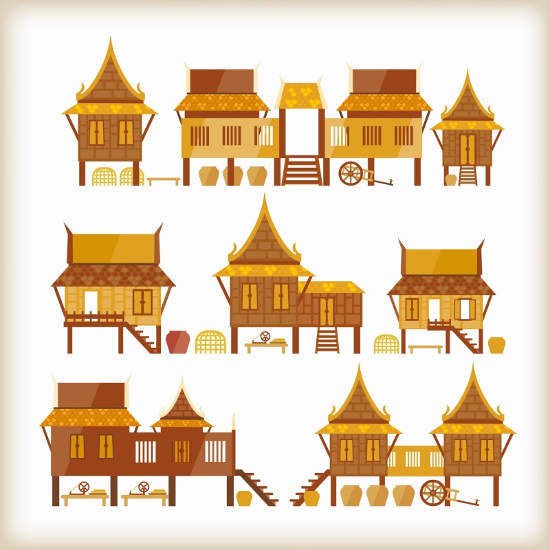 Thatched cottagel and log cabin icon pattern set (2)