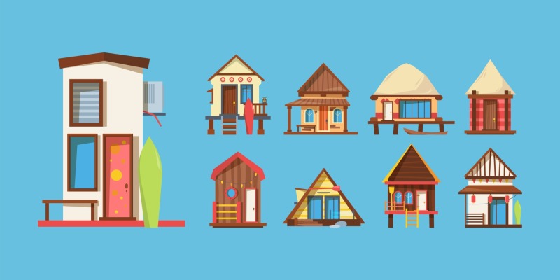 Thatched cottagel and log cabin icon pattern set (10)
