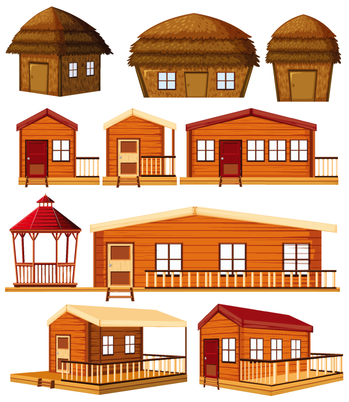 Thatched cottagel and log cabin icon pattern set (15)