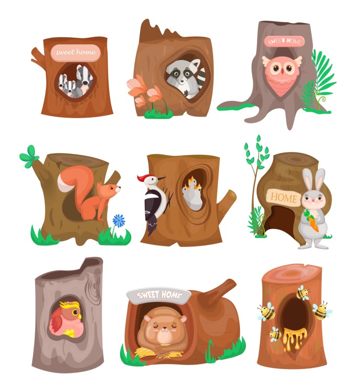 Tree hole and animals icon pattern set (27)