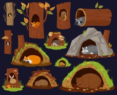 Tree hole and animals icon pattern set (5)