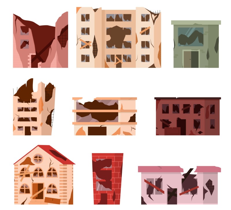 Dilapidated house icon pattern set (10)