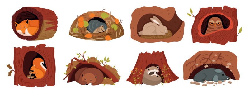 Tree hole and animals icon pattern set (30)