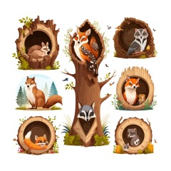 Tree hole and animals icon pattern set (2)